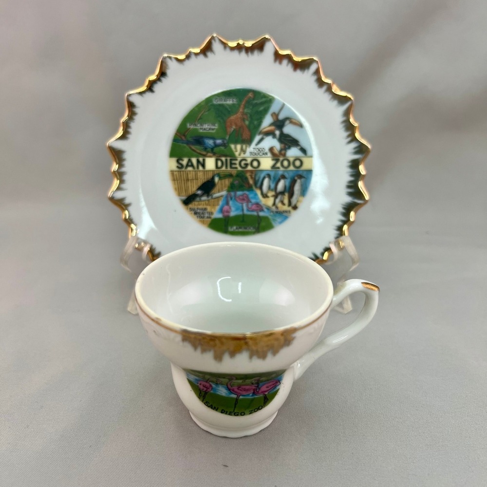 San Diego Zoo Cup and Saucer Set OS White Good Vintage Gold Scalloped Japan